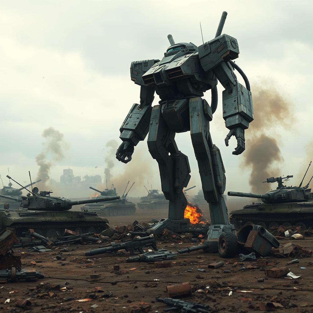 A war-torn battlefield with a dystopian atmosphere featuring a towering bipedal mech reminiscent of a gundam