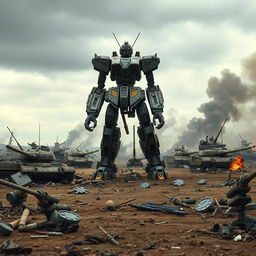 A war-torn battlefield with a dystopian atmosphere featuring a towering bipedal mech reminiscent of a gundam