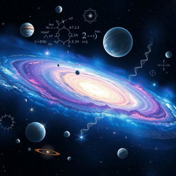 A stunning galaxy scene blended with various scientific elements, including planets, stars, and intricate cosmic structures