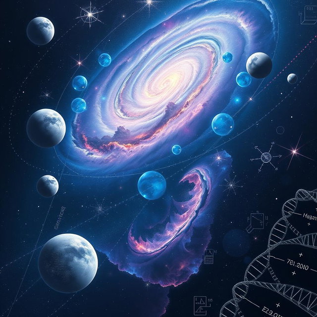 A stunning galaxy scene blended with various scientific elements, including planets, stars, and intricate cosmic structures