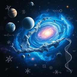 A stunning galaxy scene blended with various scientific elements, including planets, stars, and intricate cosmic structures
