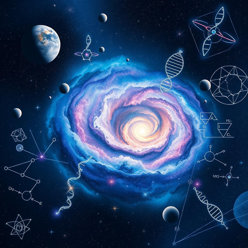 A stunning galaxy scene blended with various scientific elements, including planets, stars, and intricate cosmic structures