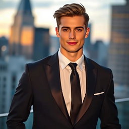 A handsome young man dressed in a tailored black suit with a solid black tie