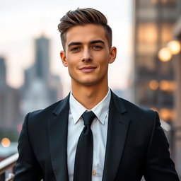 A handsome young man dressed in a tailored black suit with a solid black tie