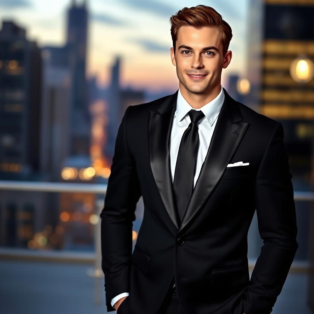 A handsome young man dressed in a tailored black suit with a solid black tie