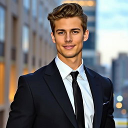A handsome young man dressed in a tailored black suit with a solid black tie
