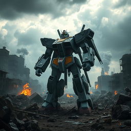 A war-torn battlefield featuring a large, bipedal mech resembling a gundam, standing uneasily amidst debris and destruction