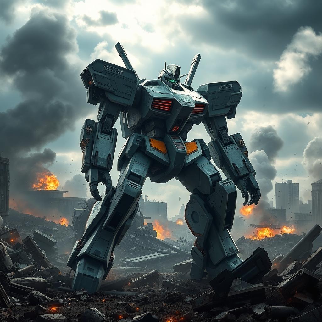 A war-torn battlefield featuring a large, bipedal mech resembling a gundam, standing uneasily amidst debris and destruction