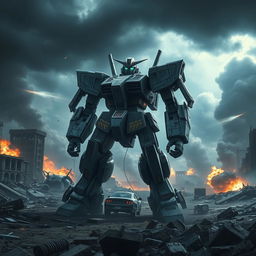 A war-torn battlefield featuring a large, bipedal mech resembling a gundam, standing uneasily amidst debris and destruction