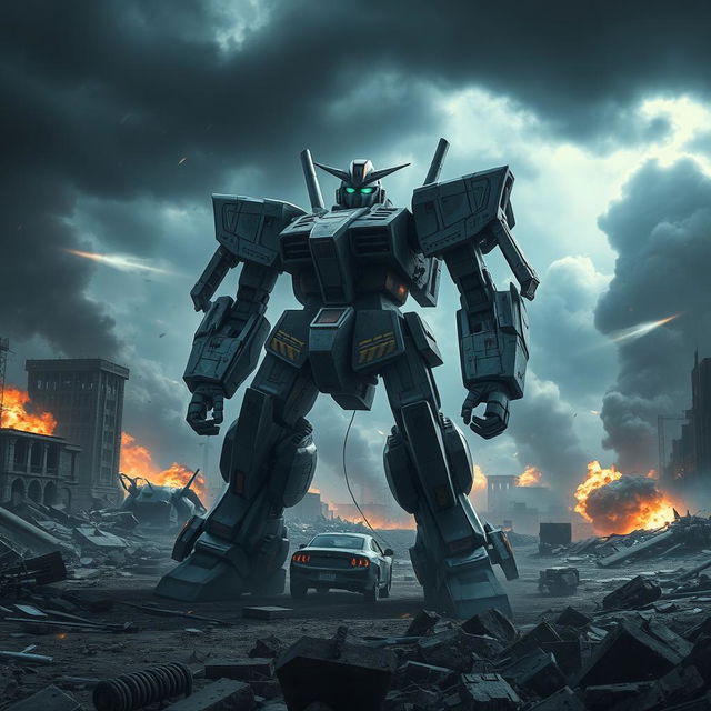 A war-torn battlefield featuring a large, bipedal mech resembling a gundam, standing uneasily amidst debris and destruction