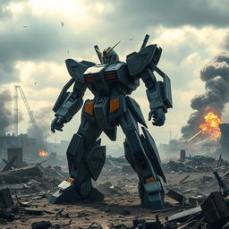 A war-torn battlefield featuring a large, bipedal mech resembling a gundam, standing uneasily amidst debris and destruction