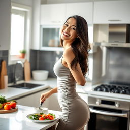 An elegant Asian woman in a stylish kitchen, wearing a form-fitting outfit that highlights her curves, with a playful smile on her face as she prepares a meal