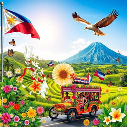 A vibrant collage of Philippine national symbols, showcasing notable elements such as the Philippine flag fluttering in the wind, the majestic Philippine eagle soaring overhead, lush green rice terraces reflecting sunlight, a traditional jeepney crammed with colorful decorations, and the iconic Mayon Volcano in the background