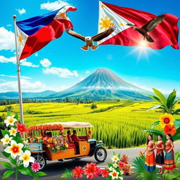 A vibrant collage of Philippine national symbols, showcasing notable elements such as the Philippine flag fluttering in the wind, the majestic Philippine eagle soaring overhead, lush green rice terraces reflecting sunlight, a traditional jeepney crammed with colorful decorations, and the iconic Mayon Volcano in the background