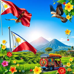 A vibrant collage of Philippine national symbols, showcasing notable elements such as the Philippine flag fluttering in the wind, the majestic Philippine eagle soaring overhead, lush green rice terraces reflecting sunlight, a traditional jeepney crammed with colorful decorations, and the iconic Mayon Volcano in the background