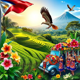 A vibrant collage of Philippine national symbols, showcasing notable elements such as the Philippine flag fluttering in the wind, the majestic Philippine eagle soaring overhead, lush green rice terraces reflecting sunlight, a traditional jeepney crammed with colorful decorations, and the iconic Mayon Volcano in the background