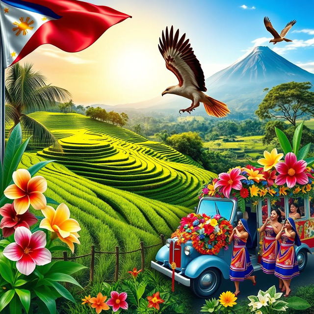 A vibrant collage of Philippine national symbols, showcasing notable elements such as the Philippine flag fluttering in the wind, the majestic Philippine eagle soaring overhead, lush green rice terraces reflecting sunlight, a traditional jeepney crammed with colorful decorations, and the iconic Mayon Volcano in the background