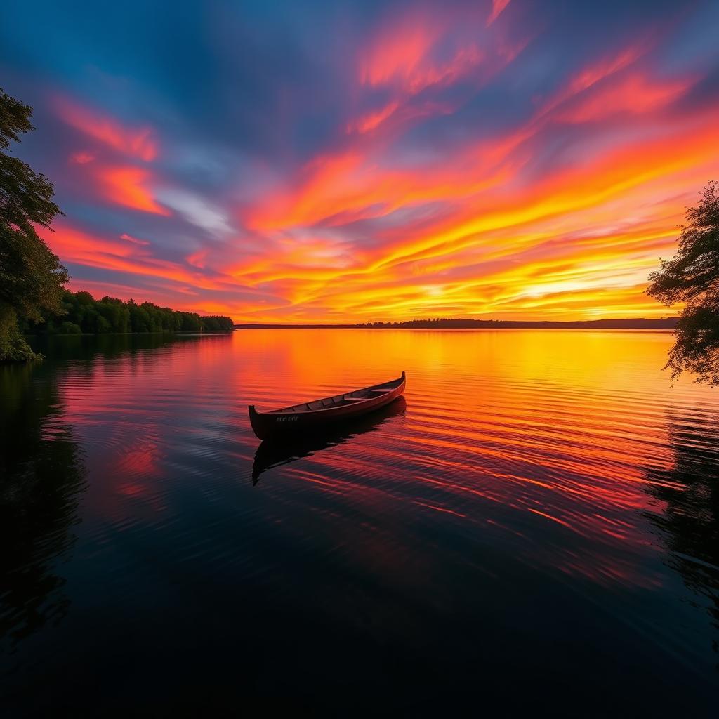 A stunning sunset over a serene lake, with vibrant hues of orange, pink, and purple reflecting in the water