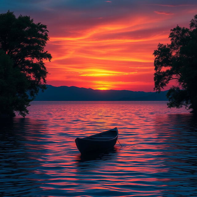 A stunning sunset over a serene lake, with vibrant hues of orange, pink, and purple reflecting in the water