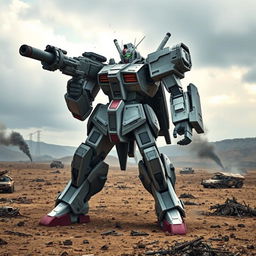 A Gundam-inspired mech standing tall on a war-torn battlefield, showcasing robust armor and intricate mechanical details, wielding a large sniper-like cannon aimed toward the horizon