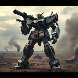 A Gundam-inspired mech standing tall on a war-torn battlefield, showcasing robust armor and intricate mechanical details, wielding a large sniper-like cannon aimed toward the horizon