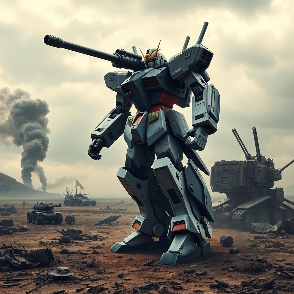 A Gundam-inspired mech standing tall on a war-torn battlefield, showcasing robust armor and intricate mechanical details, wielding a large sniper-like cannon aimed toward the horizon