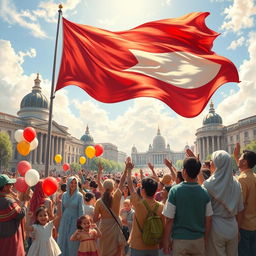 An inspiring piece of art depicting patriotism, featuring a diverse group of people of various backgrounds united under a large waving national flag