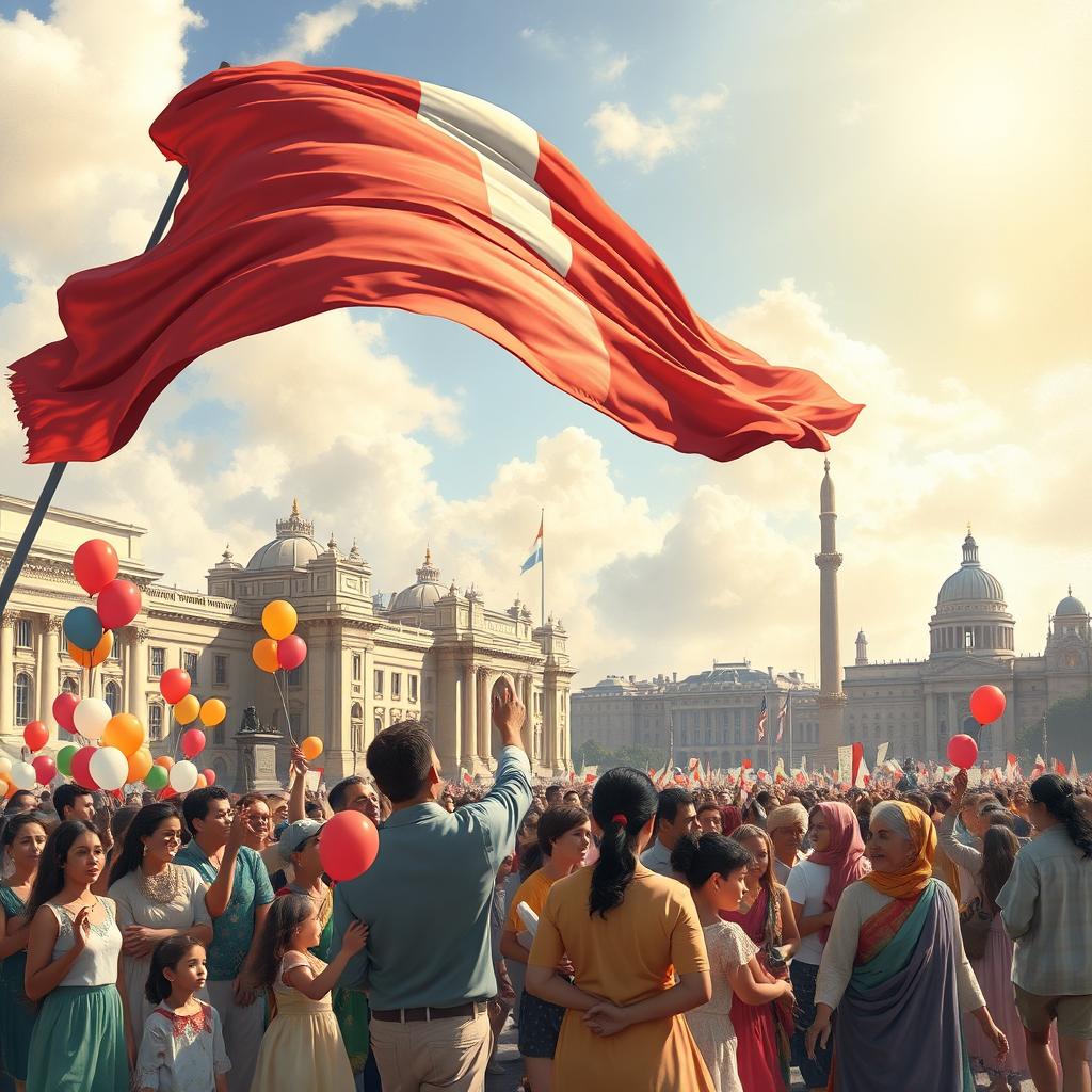 An inspiring piece of art depicting patriotism, featuring a diverse group of people of various backgrounds united under a large waving national flag