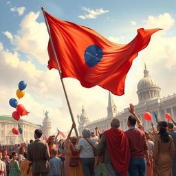 An inspiring piece of art depicting patriotism, featuring a diverse group of people of various backgrounds united under a large waving national flag