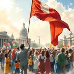 An inspiring piece of art depicting patriotism, featuring a diverse group of people of various backgrounds united under a large waving national flag