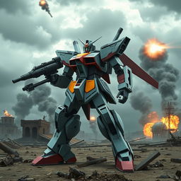 A Gundam-inspired Mech standing tall on a war-torn battlefield, featuring a sleek, armored design with angular lines and vibrant colors