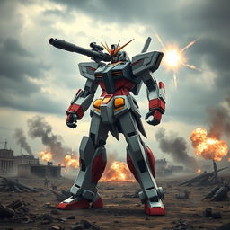 A Gundam-inspired Mech standing tall on a war-torn battlefield, featuring a sleek, armored design with angular lines and vibrant colors
