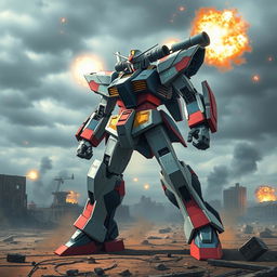 A Gundam-inspired Mech standing tall on a war-torn battlefield, featuring a sleek, armored design with angular lines and vibrant colors