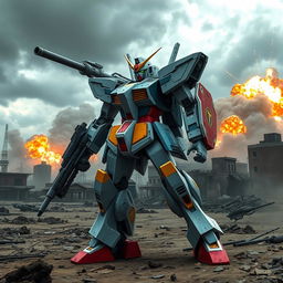 A Gundam-inspired Mech standing tall on a war-torn battlefield, featuring a sleek, armored design with angular lines and vibrant colors