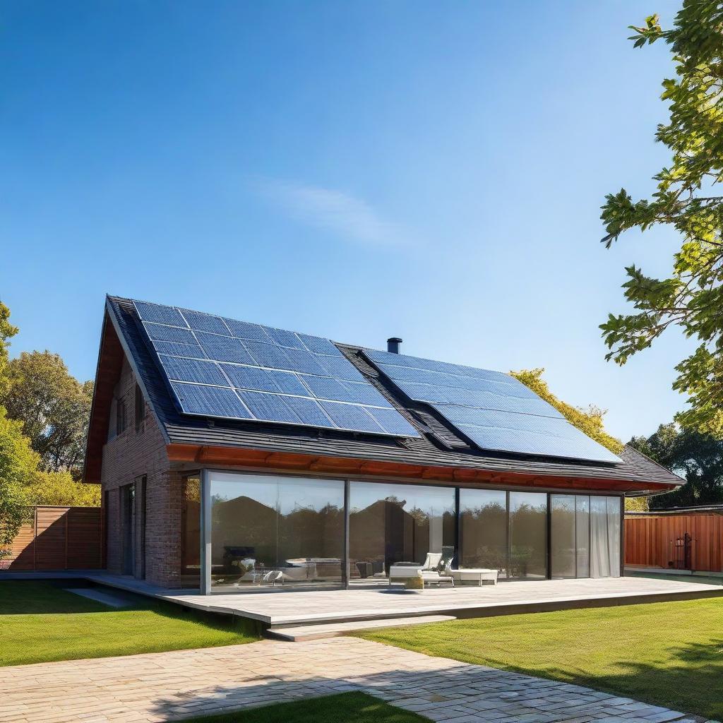 A modern house with sleek, shiny solar panels neatly arranged on the roof, set against a clear blue sky.