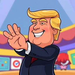 A cartoon character resembling Donald Trump, depicted in a humorous and exaggerated style, is enthusiastically shaking hands