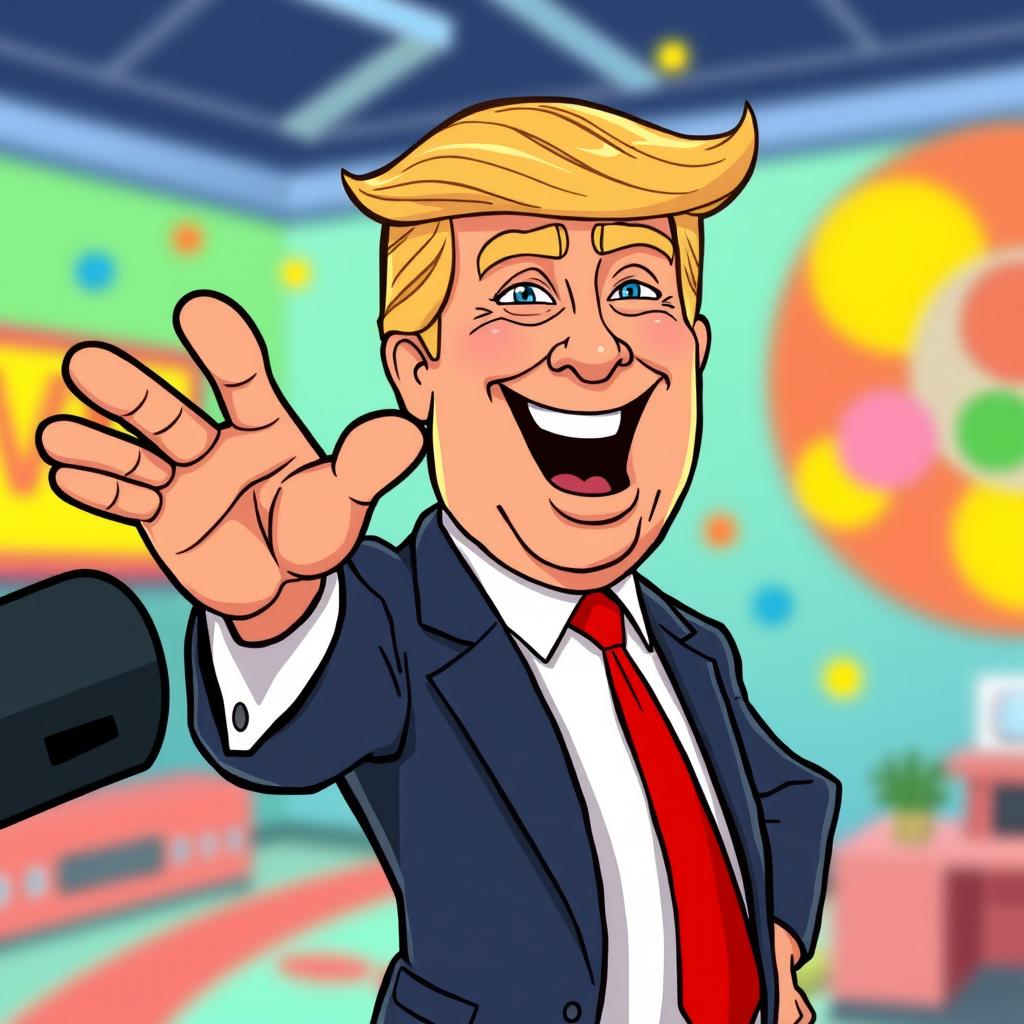 A cartoon character resembling Donald Trump, depicted in a humorous and exaggerated style, is enthusiastically shaking hands