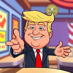 A cartoon character resembling Donald Trump, depicted in a humorous and exaggerated style, is enthusiastically shaking hands
