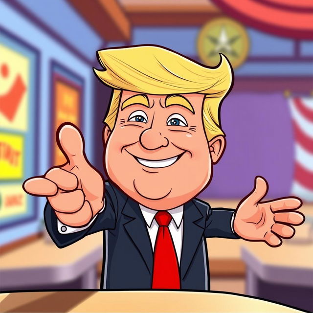 A cartoon character resembling Donald Trump, depicted in a humorous and exaggerated style, is enthusiastically shaking hands