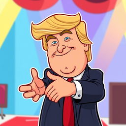 A cartoon character resembling Donald Trump, depicted in a humorous and exaggerated style, is enthusiastically shaking hands