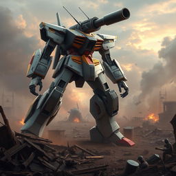 A dynamic scene depicting a Gundam-inspired mech towering over a war-torn battlefield, featuring a large sniper-like cannon mounted on its shoulder