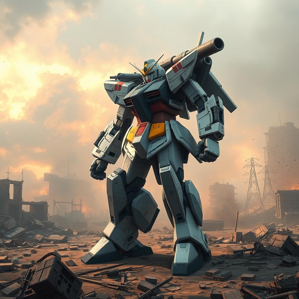 A dynamic scene depicting a Gundam-inspired mech towering over a war-torn battlefield, featuring a large sniper-like cannon mounted on its shoulder