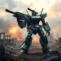 A dynamic scene depicting a Gundam-inspired mech towering over a war-torn battlefield, featuring a large sniper-like cannon mounted on its shoulder