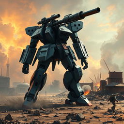 A dynamic scene depicting a Gundam-inspired mech towering over a war-torn battlefield, featuring a large sniper-like cannon mounted on its shoulder