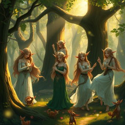 A serene forest scene featuring a group of elegant elves, with pointed ears and long flowing hair, adorned in intricate, nature-inspired garments
