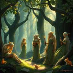 A serene forest scene featuring a group of elegant elves, with pointed ears and long flowing hair, adorned in intricate, nature-inspired garments