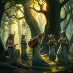 A serene forest scene featuring a group of elegant elves, with pointed ears and long flowing hair, adorned in intricate, nature-inspired garments