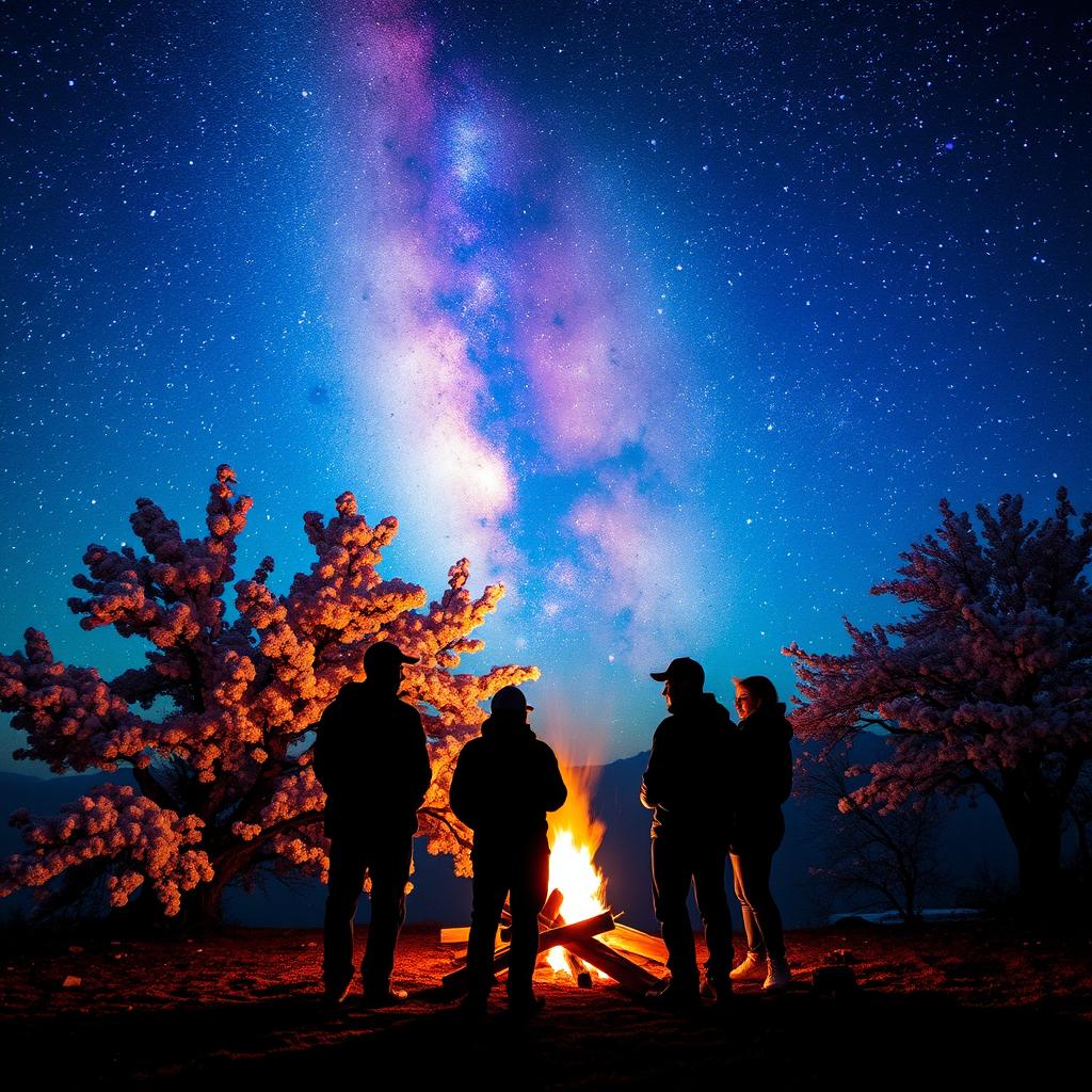 A picturesque scene featuring a background of blooming cherry blossoms dusted with snow, all under a breathtaking galaxy sky filled with vibrant stars and celestial colors