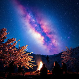 A picturesque scene featuring a background of blooming cherry blossoms dusted with snow, all under a breathtaking galaxy sky filled with vibrant stars and celestial colors