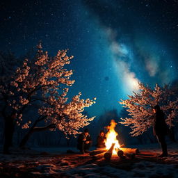 A picturesque scene featuring a background of blooming cherry blossoms dusted with snow, all under a breathtaking galaxy sky filled with vibrant stars and celestial colors